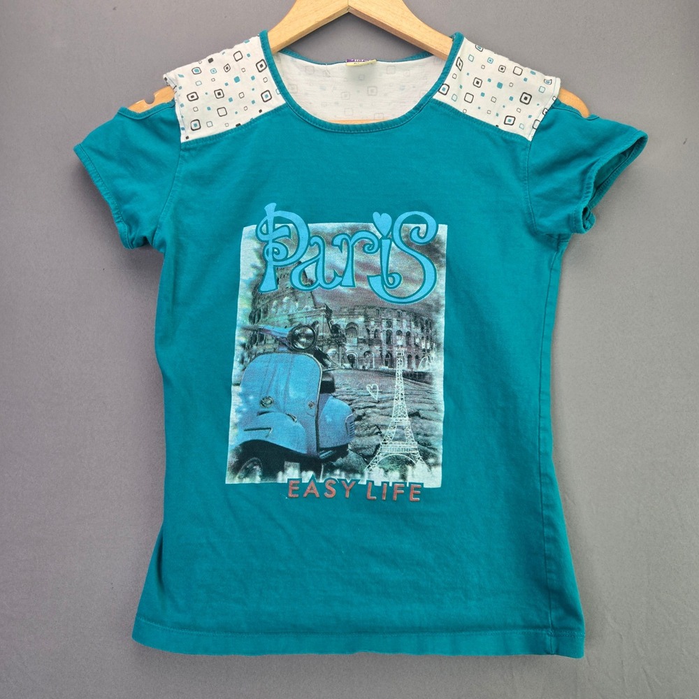 HiFun Paris Graphic T-Shirt Cold Shoulder Teal Blue Scooter 85cm XS S Y2K Tee